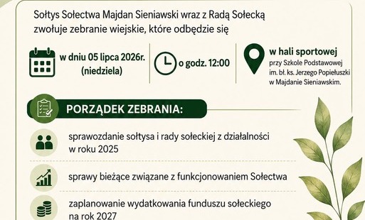 Zawiadomienie o zebraniu wiejskim w sołectwie Majdan Sieniawski